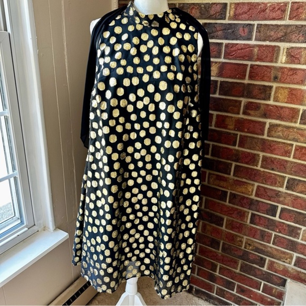 Robbie Bee Black Gold Polka Dot Midi Dress Sleeveless Scarf Bow Sheer Date Night